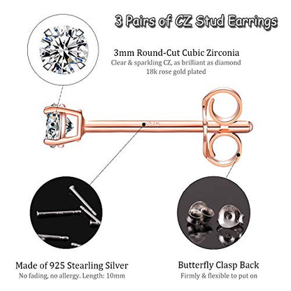 EPIRORA Sterling Silver Stud Earrings for Women Men- 3 Pairs 3mm Tiny Ball Stud Earrings Round CZ Earrings Pearl Earrings Set Cartilage Small Tragus Earrings - style: 3 Pairs-Cubic Zirconia Earrings(Rose Gold)