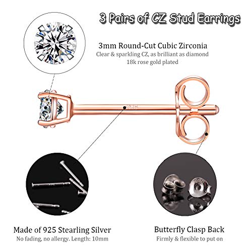 EPIRORA Sterling Silver Stud Earrings for Women Men- 3 Pairs 3mm Tiny Ball Stud Earrings Round CZ Earrings Pearl Earrings Set Cartilage Small Tragus Earrings - style: 3 Pairs-Cubic Zirconia Earrings(Rose Gold)