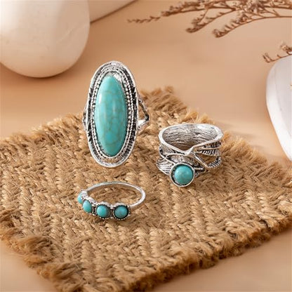 Bohemian Turquoise Ring Set for Women,Vintage Western Rings Chunky Turquoise Opal Stackable Knuckle Ring Set Punk Midi Finger Ring Pack Boho - style: Ring set-A