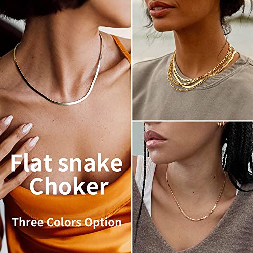 ChainsHouse Flat Snake Chain Herringbone Choker Necklace for Women, Stainless Steel/Rose Gold/18K Gold Plated Dainty Adjustable Simple Short Layered Necklaces, 12"/15"/18" with 3.5" Extender - color: a. rose gold-5mm