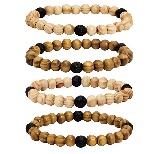 4Pcs Lava Rock Stone Beads Essential Oil Diffuser Bracelet for Men Women Wood Beads Bracelet