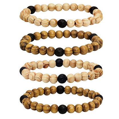 4Pcs Lava Rock Stone Beads Essential Oil Diffuser Bracelet for Men Women Wood Beads Bracelet