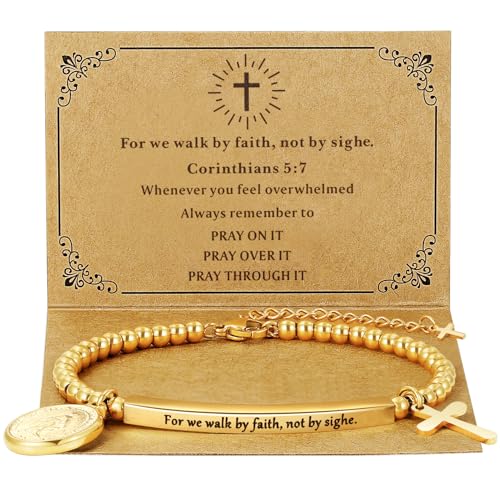 DS Inspirational Bracelet for Women Christian Engraved Bibler Verse Cross Butterfly Daisies Charm Bracelet, Exquisite Stainless Steel Jewelry Daughter Best Friend Bestie - style: For we walk by faith, not by sight.-Gold