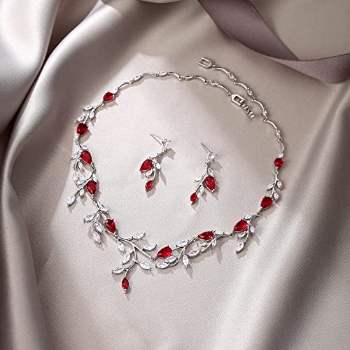 Cubic Zirconia Leaf Vine Wedding Jewelry Set for Bride Women Bridesmaid | Pear-Shaped Birthstone, Necklace Dangle Earrings for Bridesmaid, Silver-Plated-Brass - color: 2pcs_Red