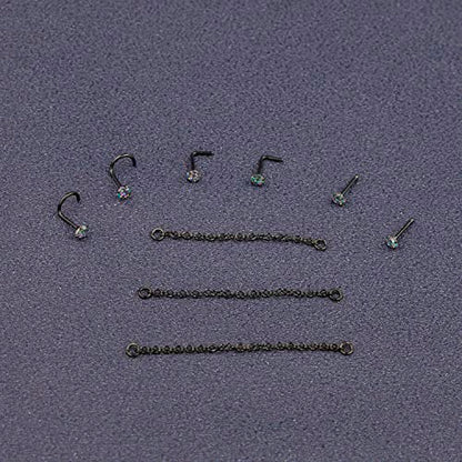 Nose Ring Chain Across Nose Black Stainless Steel Nostril Nose Piercing Chain with Cubic Zirconia Nose Screw Bone L-Shaped Ring for Women Body Piercing Nostril Jewelry with Bridge Chain - color: Black-Single Nose Chain Studs