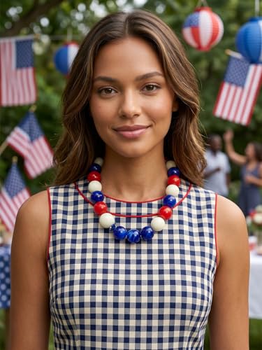 Chunky Beaded Necklaces for Women Statement Necklace | Bold Chunky Choker, Large Resin Beads, Adjustable Necklace, Boho Trendy Summer Beach Holiday Jewelry - color: Red white blue