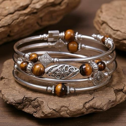 Boho Wrap Beaded Bracelet for Women – Handmade Natural Stone Jewelry – Stainless Steel Adjustable Ethnic Chic Gift - color: Tiger Eye