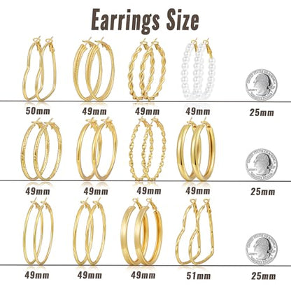 12 Pairs Chunky Gold Hoop Earrings for Women Trendy, Gold Plated Lightweight Hypoallergenic Stack, Thick Open Twisted Huggie Hoops Earring Set - color: 12 Pairs Gold Big Dainty