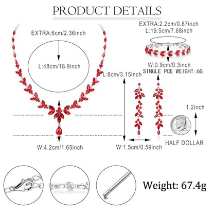 EVER FAITH Marquise Crystal Leaf Bridal Prom Jewelry Set for Women Bride | Rhinestone Wedding Party Necklace Dangle Earrings Tennis Bracelet, for Bridesmaid - color: Ruby Red