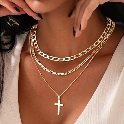 M MOOHAM Cross Necklace for Women Non Tarnish - 14K Gold Plated Dainty Clover Cross Layered Necklaces Stack Set Herringbone Figaro Paperclip Chain Necklace Trendy Religious Baptism Faith Jewelry Gifts - color: cross