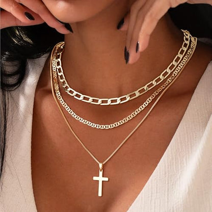 M MOOHAM Cross Necklace for Women Non Tarnish - 14K Gold Plated Dainty Clover Cross Layered Necklaces Stack Set Herringbone Figaro Paperclip Chain Necklace Trendy Religious Baptism Faith Jewelry Gifts - color: cross