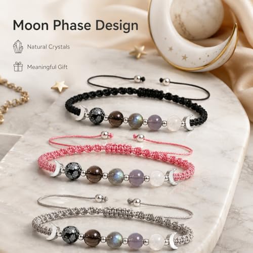 Moon Phases Crystal Healing Bracelet for Women, Adjustable Natural Stone Beaded Bracelet, Anxiety Stress Relief Self-Reminder Spiritual Jewelry, Spiritual Meditation Gift - color: Black