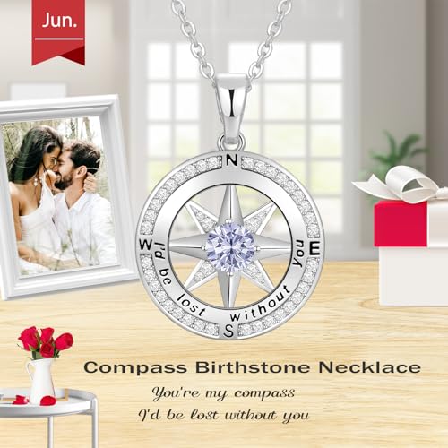 Peeshow Compass Birthstone Necklace for Women Wife, S925 Sterling Silver Gift for Wife Wedding Anniversary Birthday Gifts for Women Jewelry for Her Girlfriend I'd be Lost without You - style: 06-June-Alexandrite