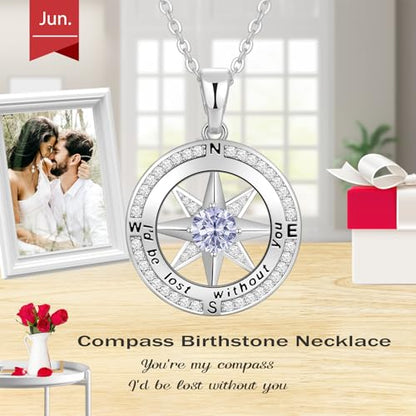 Peeshow Compass Birthstone Necklace for Women Wife, S925 Sterling Silver Gift for Wife Wedding Anniversary Birthday Gifts for Women Jewelry for Her Girlfriend I'd be Lost without You - style: 06-June-Alexandrite