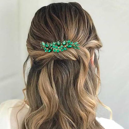 Bridal Crystal Hair Accessories Small Wedding Gold Hair Piece with Comb for Women Girls (Green) - color: Green