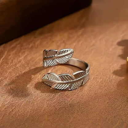 Adjustable Stainless Steel Feather Leaf Ring for Women Men - color: Silver