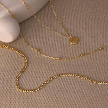 Ewrkbr Layered Necklaces for Women, Dainty Gold Necklace Stack 14k Gold Plated Layering Beaded Chain Choker Necklaces for Women Trendy Simple Disc Star Pendant Necklace Set Fashion Waterproof Jewelry - color: Gold-Cuban