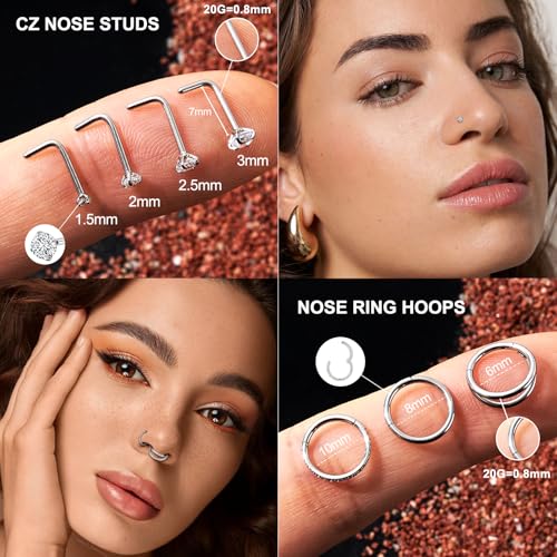 20G/18G Nose Studs Stainless Steel Nose Piercing Nose Ring Set I L S Shape Body Piercing Nose Hoop Ring for Women Men - color: B-15PC-Silver