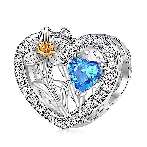 Birth Flower Birthstone Charm for Pandora Charms Bracelets Necklace 925 Sterling Silver Heart Love Charm Birthday Mother's Day Christmas Jewelry Gifts - color: 03-March