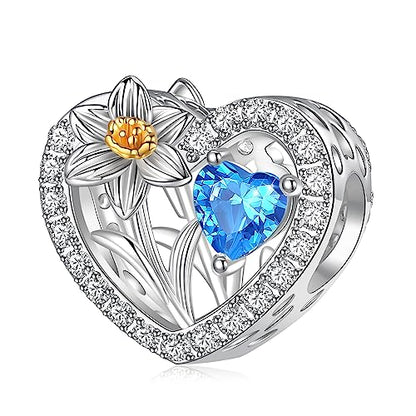 Birth Flower Birthstone Charm for Pandora Charms Bracelets Necklace 925 Sterling Silver Heart Love Charm Birthday Mother's Day Christmas Jewelry Gifts - color: 03-March