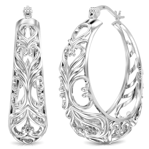 LeCalla 925 Sterling Silver Hoop Earrings | Women's Filigree Hoop Earrings | Openwork Mesh Filigree Cut Earring | Lightweight & Hypoallergenic Vintage Hoop Earrings for Women - style: Round Heart Filigree