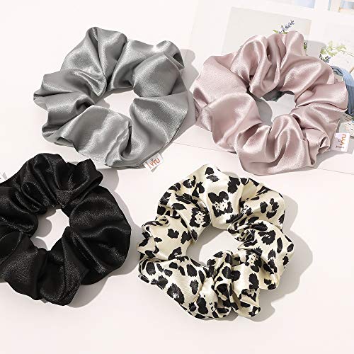 Silk Hair Ties for Girls and Women: Chic Satin Scrunchies, Large and Cheetah Print, Soft Ponytail Holders for Thick and Curly Hair - No Creases, Gentle on Hair - color: Leopard Black Pink Gray