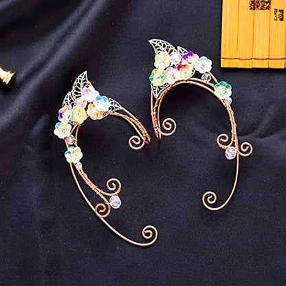 Elf Ear Cuffs, OwMell Handcraft Silver Pointed Fairy Elven Cosplay Fantasy Costume Bridal Wedding Earrings for Non Pierced Ears - style: Colorful Flowers