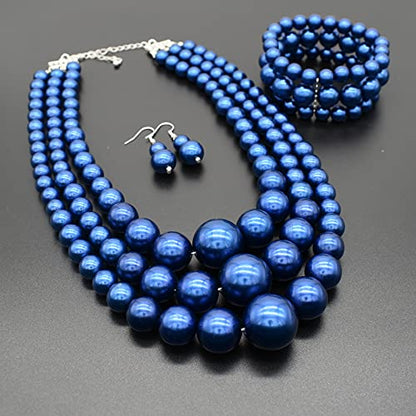 Big Chunky Pearl Necklace and Earrings Set Large Costume 1920s Faux Pearls Gatsby Accessories - color: A-royal blue