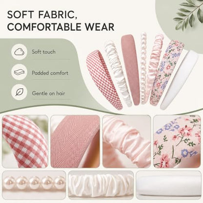 7 Pcs Cute Multi-style Headbands, Non Slip Pearl Floral Padded Wide Fashion Multi-style Headband for Women Girls