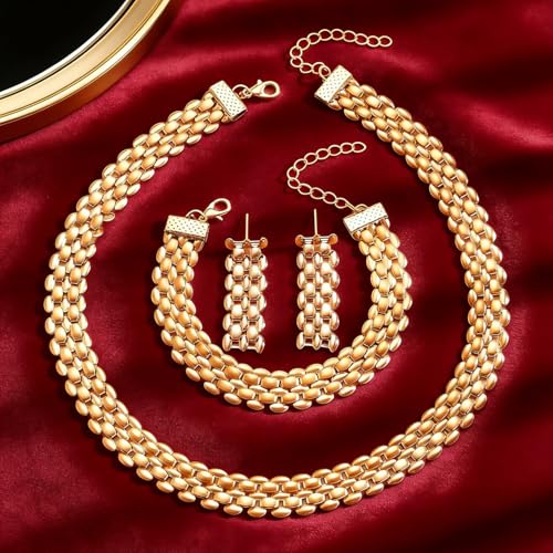Chunky Gold Jewelry Sets for Women 14K Gold Plated Necklace Earrings Bracelet Set Cuban Link Thick Choker Necklace Punk Statement Necklaces Earrings Bracelet Set Fashion Jewelry Gift for Women - color: Gold
