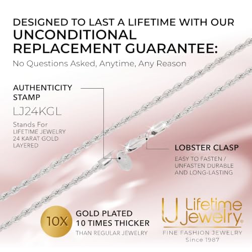 LIFETIME JEWELRY Gold Rope Chain for Men & Women - 24k Gold Necklace - Lifetime Replacement - Diamond Cut Real Gold Plated Chain - Heavy Duty Clasp - 3mm - color: White Gold, size: 30 inches