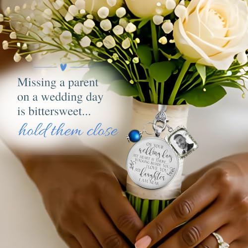 Bouquet Charm On Your Wedding Day Memorial Honoring Mom Dad Grandma Grandpa Meaningful Bridal Floral Jewelry Silver Finish Pendant Bride's Flowers Photo Frames Parent Grandparent - color: Blue Bead, style: My Daughter | 1 Frame