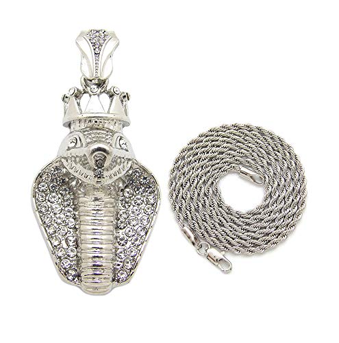 Fashion 21 Unisex Iced Out King Crowned Cobra Snake Pendant 24" Various Chain Necklace in Gold, Silver Tone - color: Silver / 2mm 24" Rope Chain