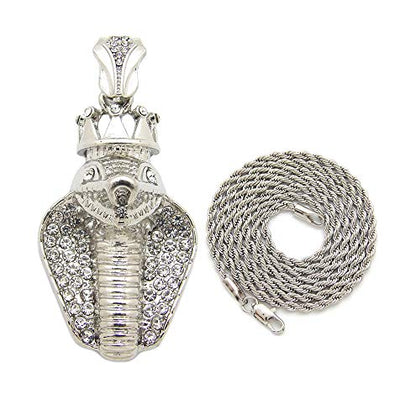Fashion 21 Unisex Iced Out King Crowned Cobra Snake Pendant 24" Various Chain Necklace in Gold, Silver Tone - color: Silver / 2mm 24" Rope Chain