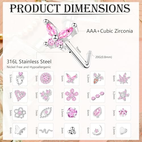 35-70 PCS 18G 20G Nose Rings for Women & Men - Gold Hoops, L Shape, Studs & Screw - 316L Surgical Stainless Steel - color: Silver-Pink CZ-20G-20pcs