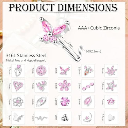 35-70 PCS 18G 20G Nose Rings for Women & Men - Gold Hoops, L Shape, Studs & Screw - 316L Surgical Stainless Steel - color: Silver-Pink CZ-20G-20pcs