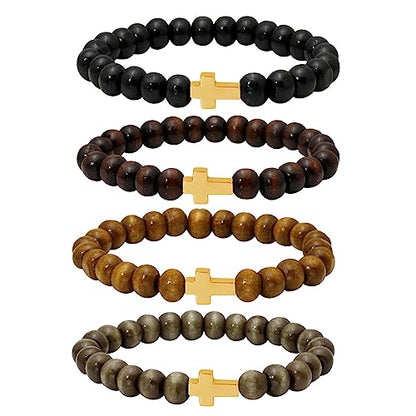 Eigso 6-8mm Wood Beads Bracelet Prayer Beads for Meditation Buddha Tibetan Bracelet for Men and Women - color: A1: 4PCS 8MM Gold Cross