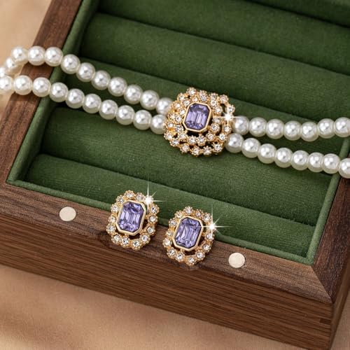 Classic Double Strand Faux Pearl Choker Necklace and Earrings Set with Crystal Accent, Elegant Jewelry for Special Occasions and Everyday Wear - color: purple