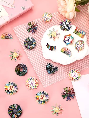 JUNEBRUSHS 28pcs Cancer Awareness Pins Ribbon Lapel Pins for Cancer Fighters Survivors Inspirational Favor Charity Campaign Decor Accessories - style: Cancer Awareness Style