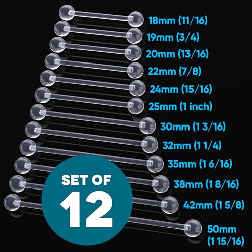 Plastic Tongue Rings For Surgery - Clear Plastic Tongue Rings For Work - Hypoallergenic Straight Barbell Bioflex Ring Piercing Jewelry - Clear Industrial Piercing Jewelry - color: 14g - 18mm-50mm (12 set)