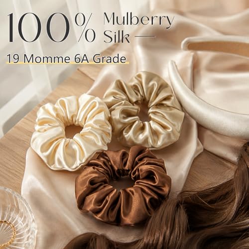 ZIMASILK 100% Pure Mulberry Silk Hair Scrunchies for Women | No Damage - Gentle Elastic Hair Ties for Ponytail Holder - Hair Accessories (3 Pack, Coffee, Taupe, Beige) - color: Chocolate, Taupe, Beige (3pcs)