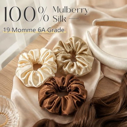 ZIMASILK 100% Pure Mulberry Silk Hair Scrunchies for Women | No Damage - Gentle Elastic Hair Ties for Ponytail Holder - Hair Accessories (3 Pack, Coffee, Taupe, Beige) - color: Chocolate, Taupe, Beige (3pcs)