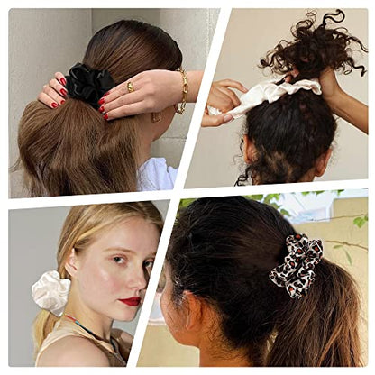 Scrunchies Hair Ties Silk Satin Scrunchy - Hair Elastics Bands Ponytail Holder Pack of Neutral Scrubchy Hair Accessories for Women Girls - color: Leopard Black