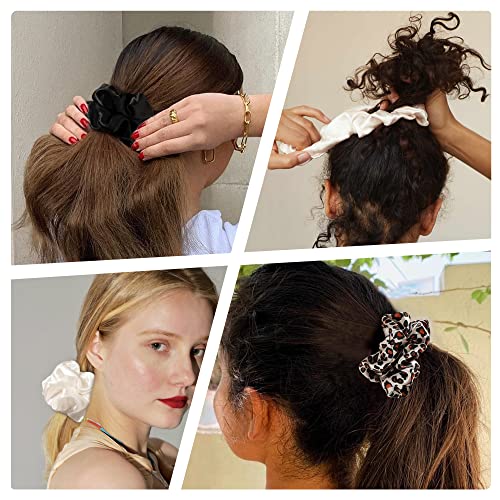 Scrunchies Hair Ties Silk Satin Scrunchy - Hair Elastics Bands Ponytail Holder Pack of Neutral Scrubchy Hair Accessories for Women Girls - color: Leopard Black