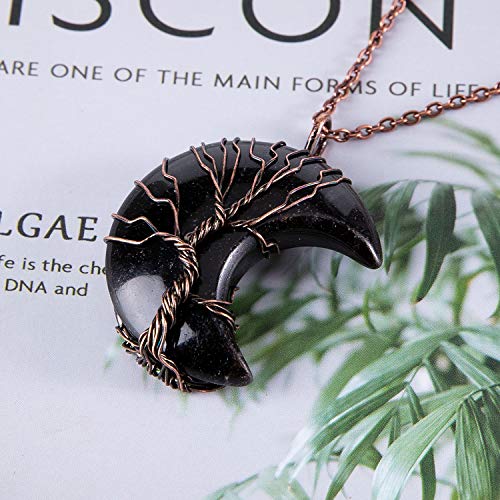 Bivei Life Tree Crescent Moon Necklaces for Women | Copper Wire Wrap Gemstones Pendant Crystals and Natural Stones Necklace Witch Jewellery Christmas Valentine's Day for Friends - color: Black - Black Agate, style: Pack of 1