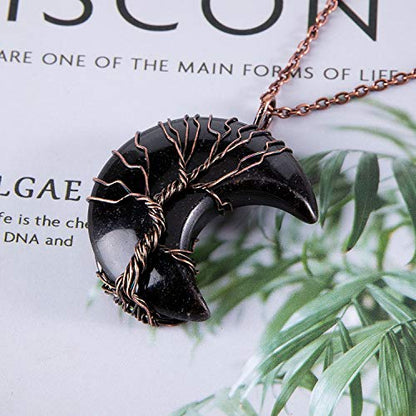 Bivei Life Tree Crescent Moon Necklaces for Women | Copper Wire Wrap Gemstones Pendant Crystals and Natural Stones Necklace Witch Jewellery Christmas Valentine's Day for Friends - color: Black - Black Agate, style: Pack of 1