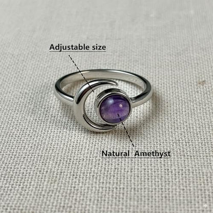 Sun and Moon Ring, Adjustable Natural Stone Rings for Women & Men, Boho Celestial Jewelry for Daily Wear - color: Amethyst