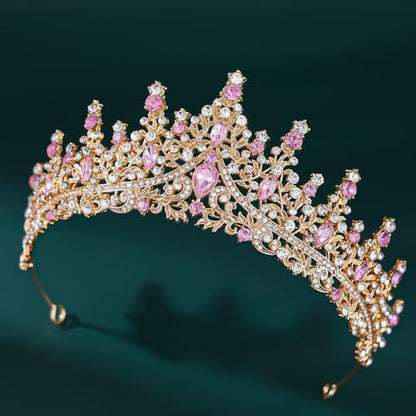 Crystal Crown Jewelry Set for Women Bride Queen Tiara Earrings and Necklace | Metal Royal Crown Costume Jewelry Set Wedding Prom Quinceanera Party Pageant Halloween Retirement Christmas Birthday Gift - color: Pink