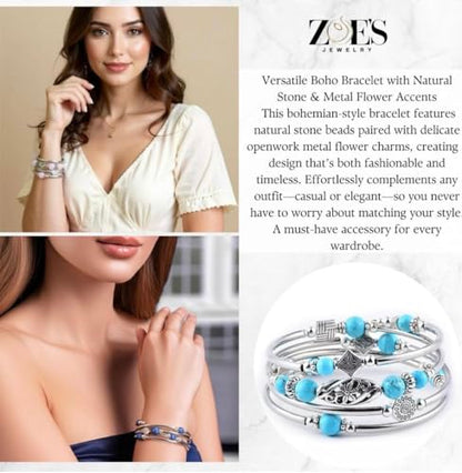 Boho Wrap Beaded Bracelet for Women – Handmade Natural Stone Jewelry – Stainless Steel Adjustable Ethnic Chic Gift - color: Blue Grain Stone