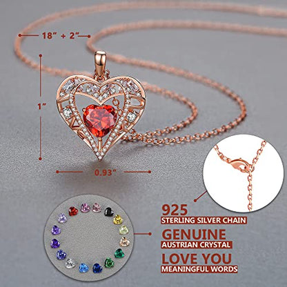 5 Heart I Love You Necklace for Women, Birthstone Crystal Pendant, Birthday Gift for Her, Wife, Mom, Rose Gold or Gunmetal Plated, 925 Sterling Silver Chain 18"+2" - color: 01-January & July-Ruby Red-Rose Gold Plated